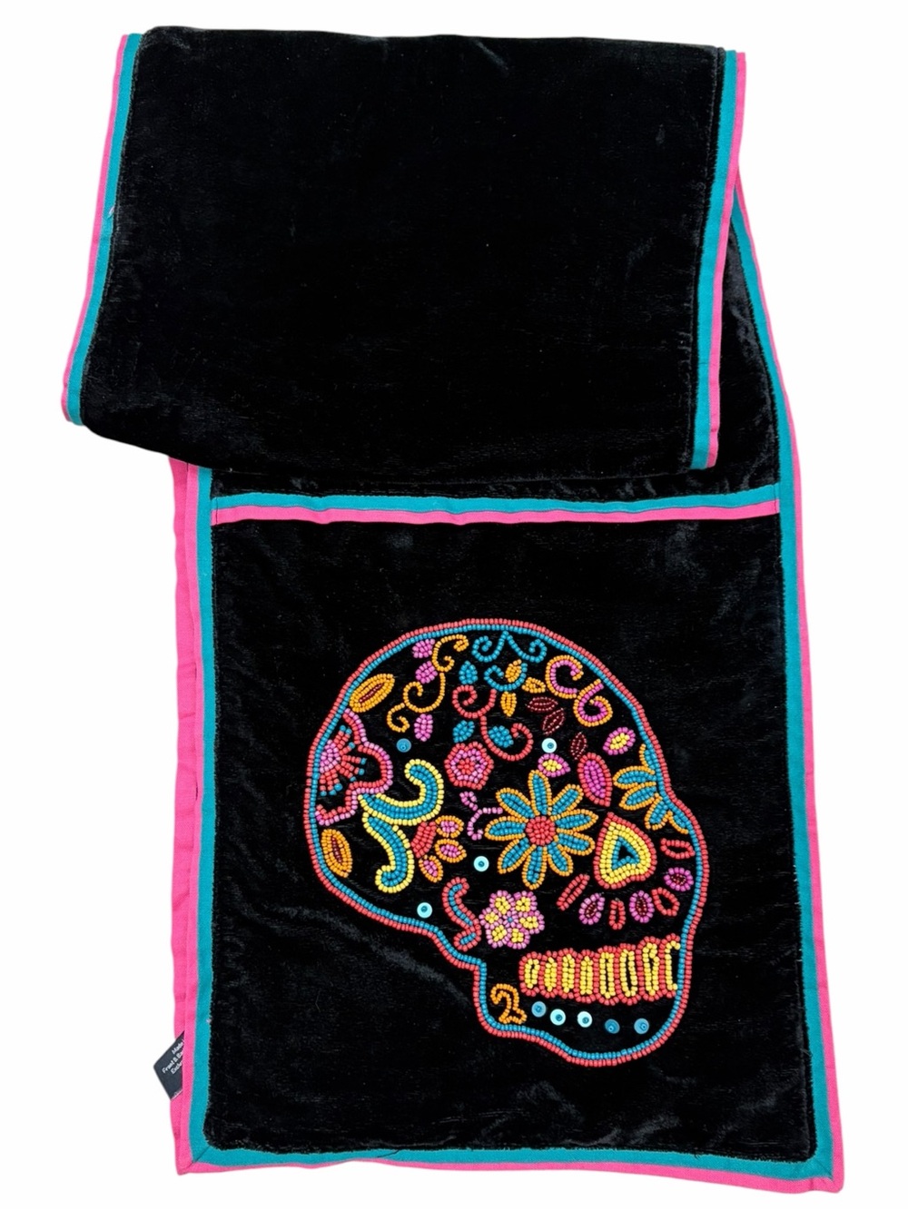 Beaded Sugar Skull Velvet Table Runner Day of the Dead 70” Halloween Decor
